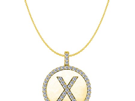 X  Diamond Initial 14K Yellow Gold Disk Pendant (0.56ct) For Sale