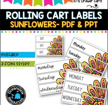 10 Drawer Rolling Cart Labels | BRIGHT SUNFLOWER DESIGN I Teacher Trolley Supply