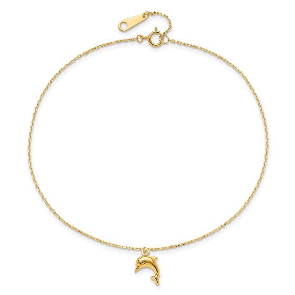 14k Yellow Gold Dolphin Charm 9 Inch to 10 Inch Summer Anklet For Cheap