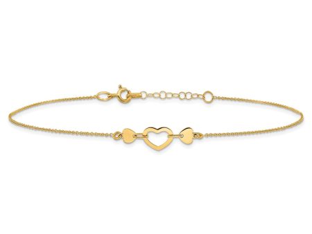 14k Solid Yellow Gold High Polished Heart Charm Adjustable Anklet, 10  to 10.75  on Sale