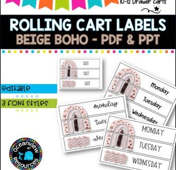 10 Drawer Rolling Cart Labels | BEIGE BOHO RAINBOW DESIGN I Teacher Trolley on Sale