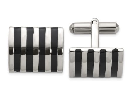 Chisel Stainless Steel Polished with Black Enamel Stripes Cuff Links Discount