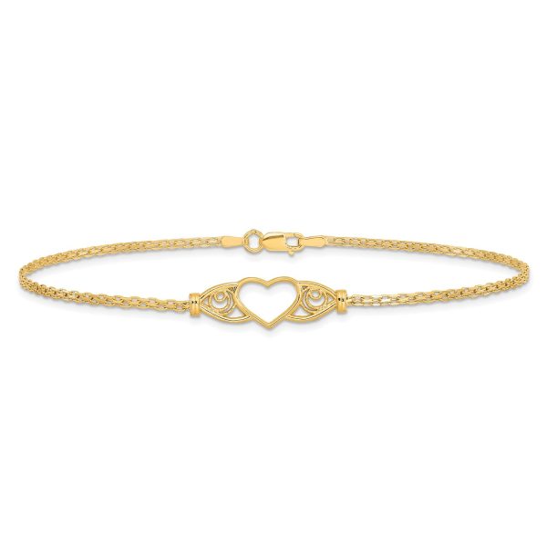 14k Real Yellow Gold High Polished Heart Charm Anklet, 10  on Sale