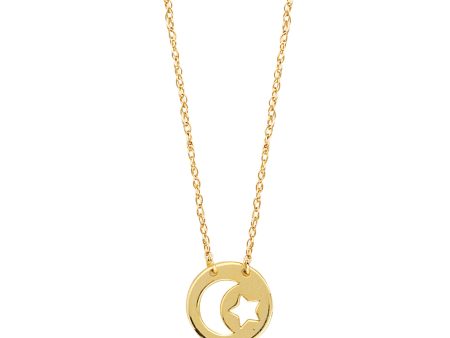 14K Yellow Gold Mini Moon And Star Pendant Necklace, 16 To 18 Inches Adjustable Cheap