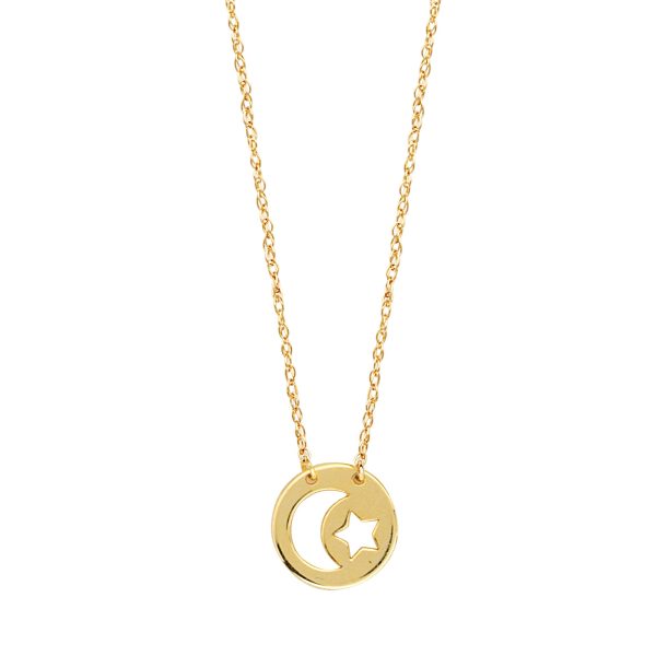 14K Yellow Gold Mini Moon And Star Pendant Necklace, 16 To 18 Inches Adjustable Cheap