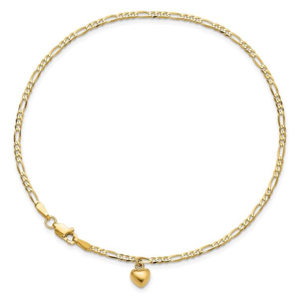 14K Real Solid Gold Figaro Link Chain Anklet with Dangling Heart Charm Online now